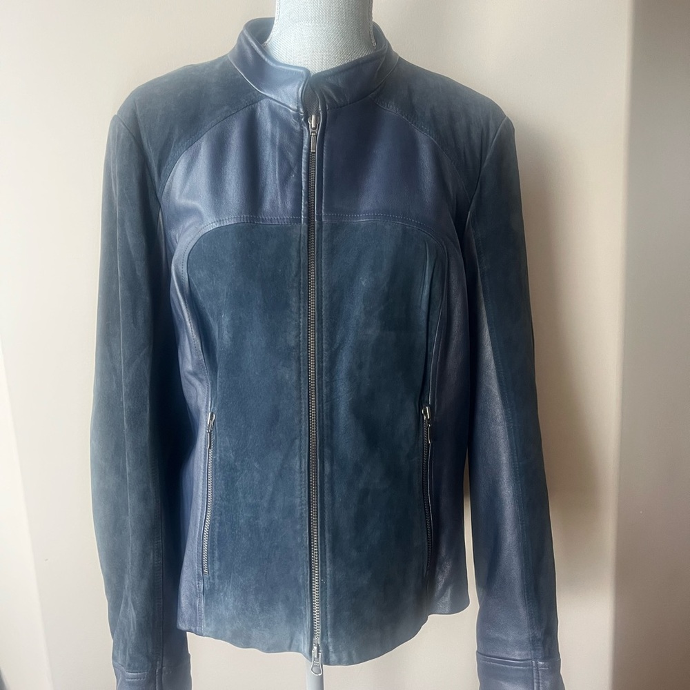 Danier Navy Blue Leather Moto Jacket with Standing Collar